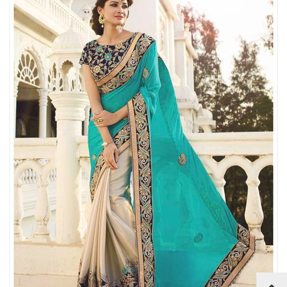 Aqua, Navy and Gold Saree with XL size blouse